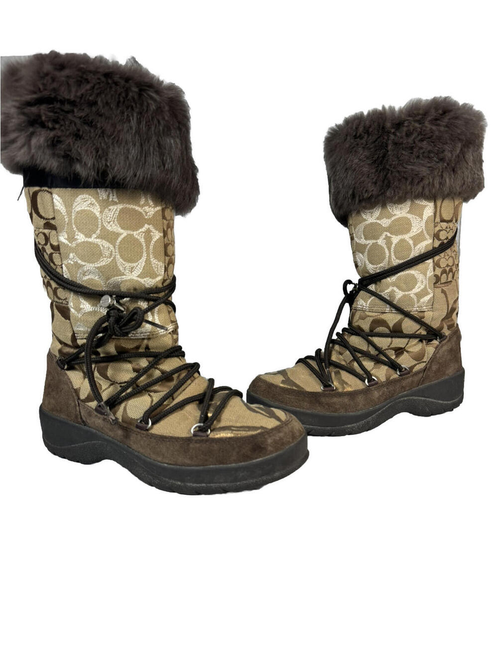 Coach Laurilyn Brown/ Tan Patchwork Fur Trim Winter Designer Boots Side Zip - Picture 1 of 9